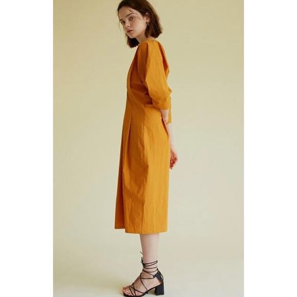 KINDERSALMON Estimtaed M  Cocoon Dress 3/4 Sleeve V-Neck Midi Cotton Orange - Picture 4 of 10